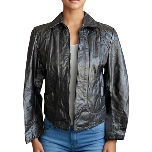 Vintage Black Leather Motorcycle Jacket motto jacket biker classic winter - Picture 11 of 11